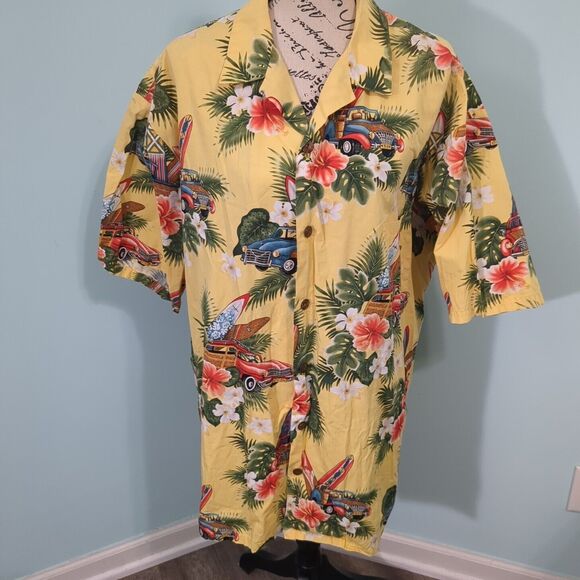 Hilo Hattie Shirt Mens 2x Yellow Green Floral Hawaiian Short Sleeve - Picture 1 of 5
